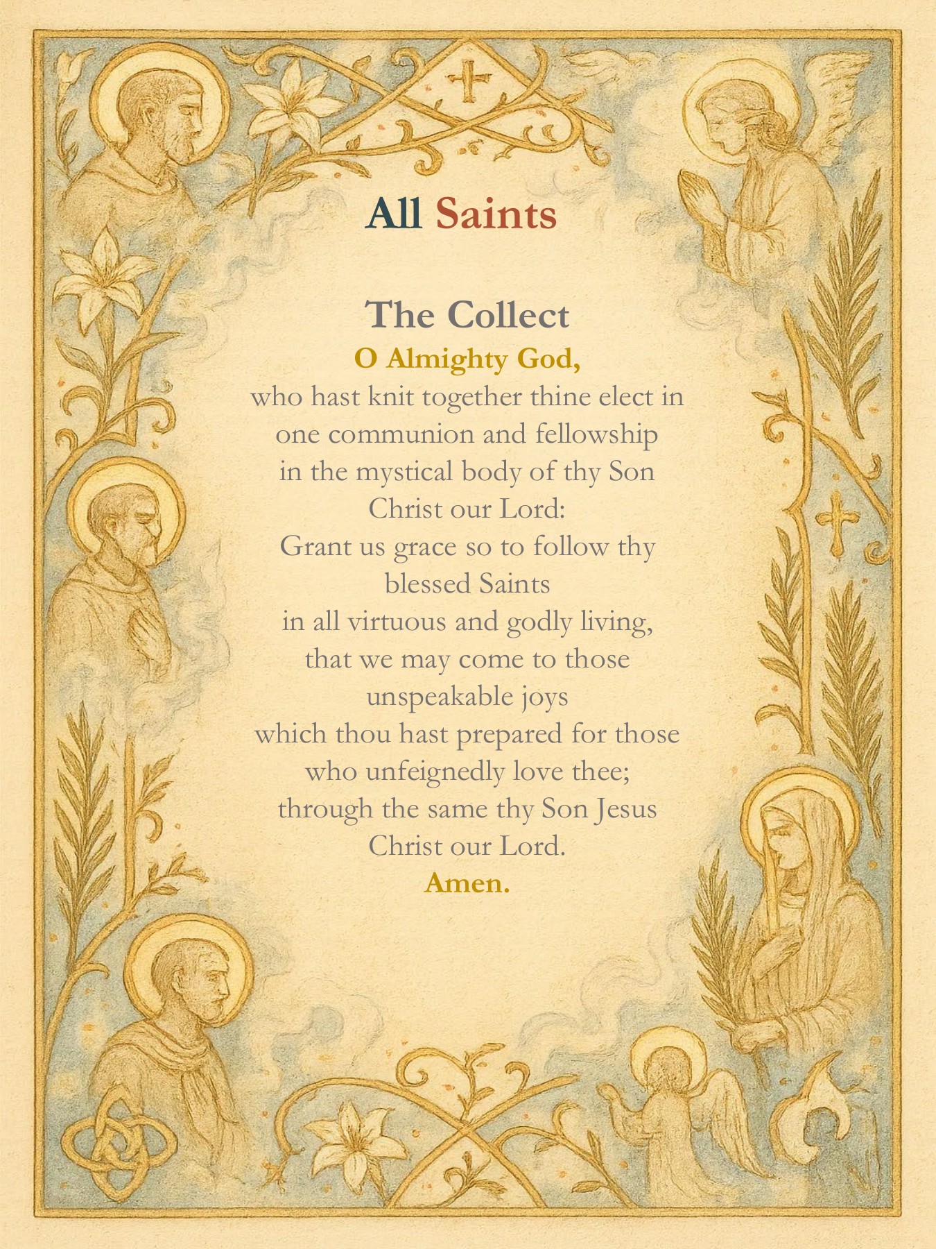 First page of the All Saints Prayer Card