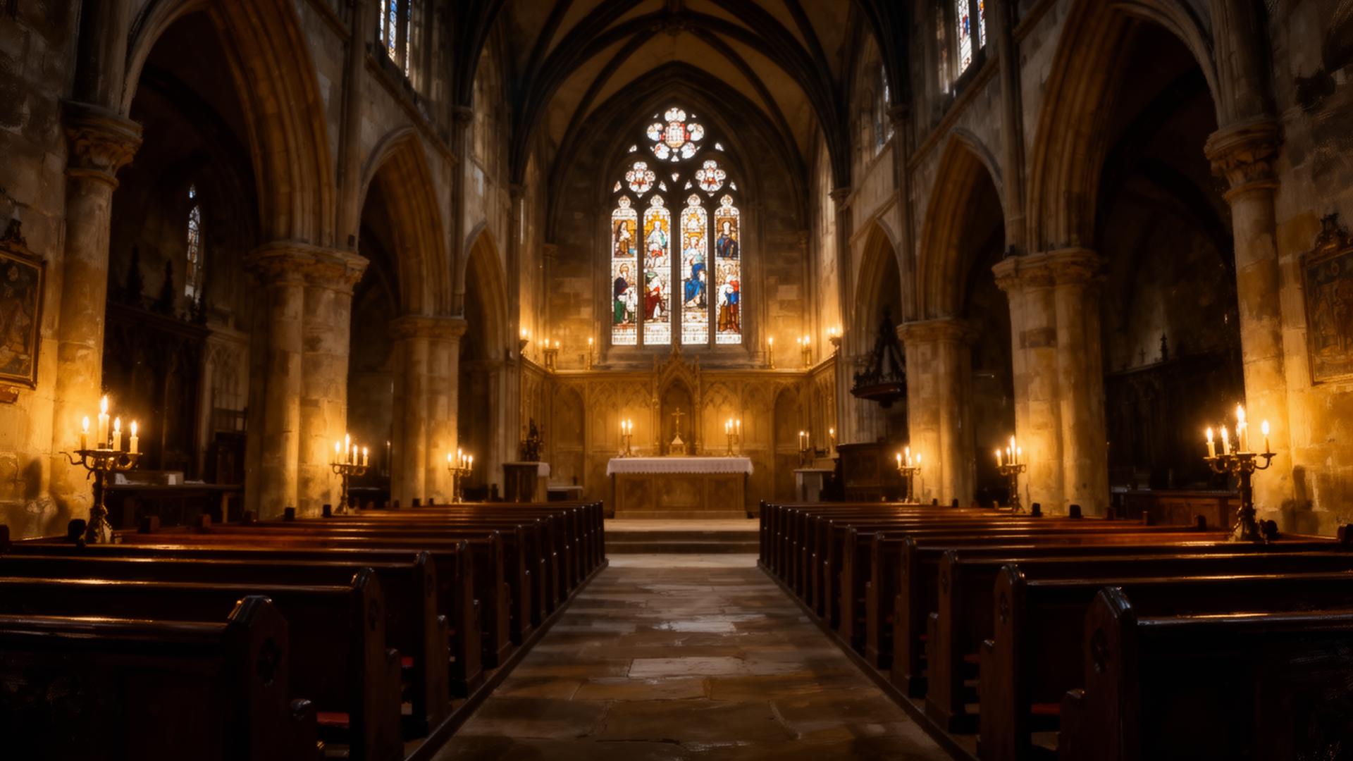 Interior of an Anglican cathedral at candlelight