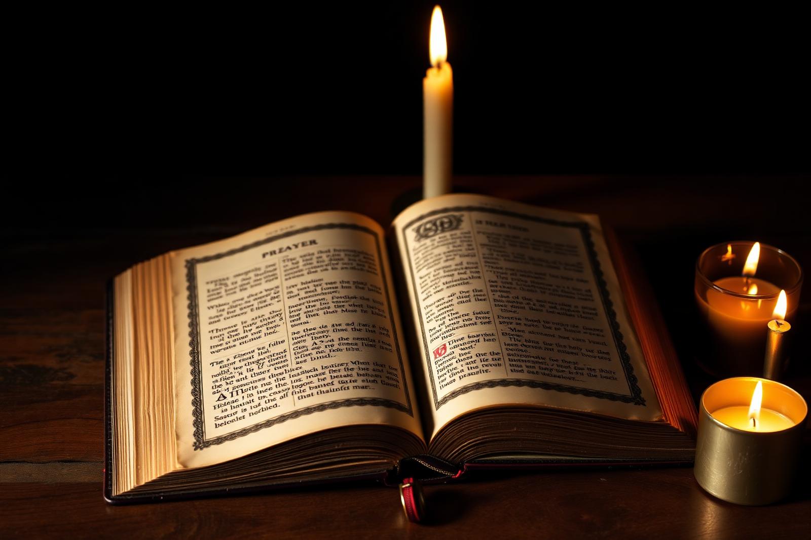 Open prayer book in candlelight